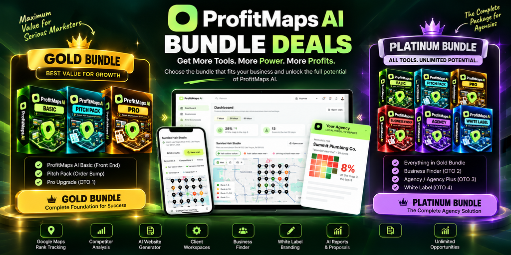 ProfitMaps AI Bundle comparison featuring Gold and Platinum packages, Google Maps rank tracking, AI website builder, Business Finder, and agency tools.