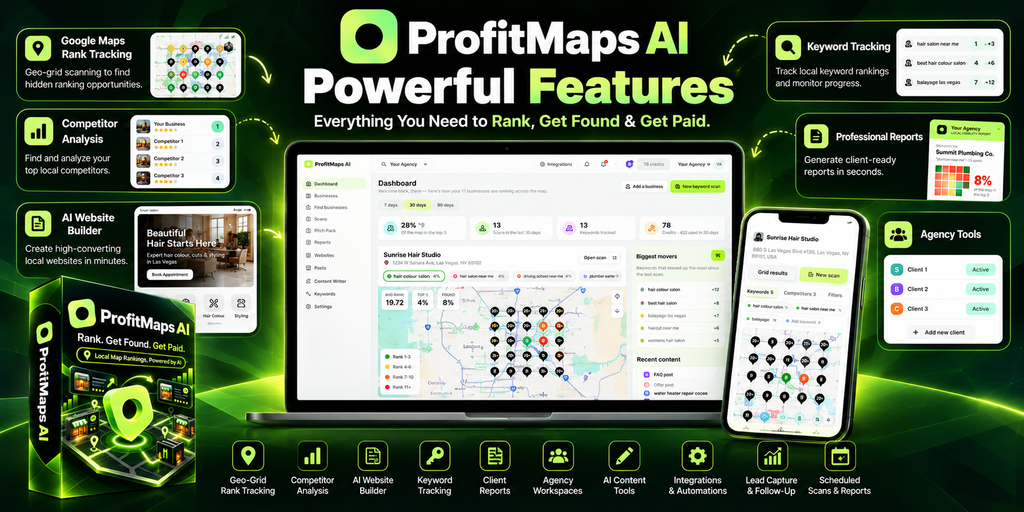 ProfitMaps AI features including Google Maps geo-grid rank tracking, competitor analysis, AI website builder, keyword tracking, SEO reports, and agency tools.