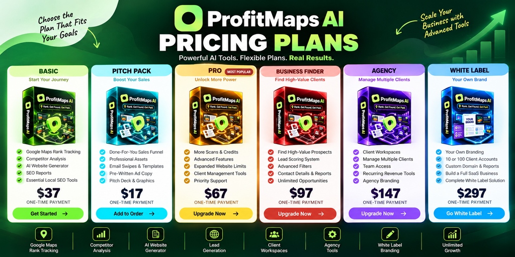 ProfitMaps AI pricing comparison showing Basic, Pitch Pack, Pro, Business Finder, Agency, and White Label plans with prices, features, and benefits.
